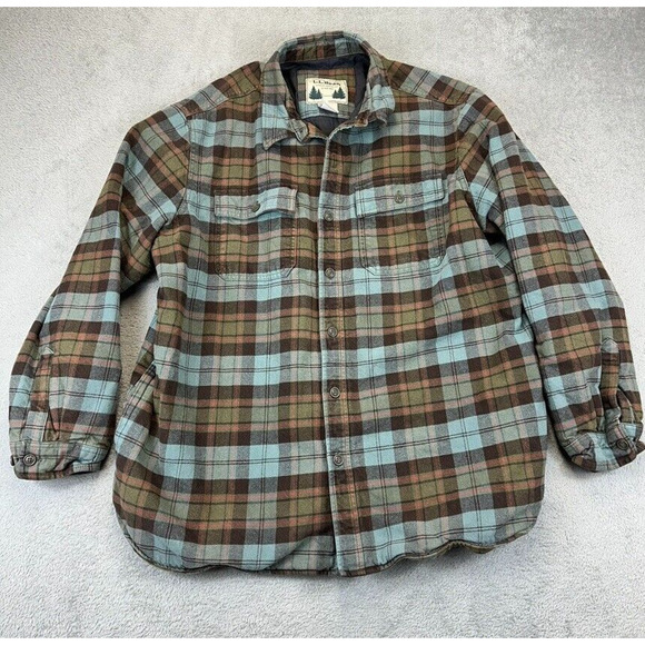 L.L. Bean Quilted Plaid Flannel Shirt Button Front Jacket Brown Blue Mens XL - Picture 1 of 6